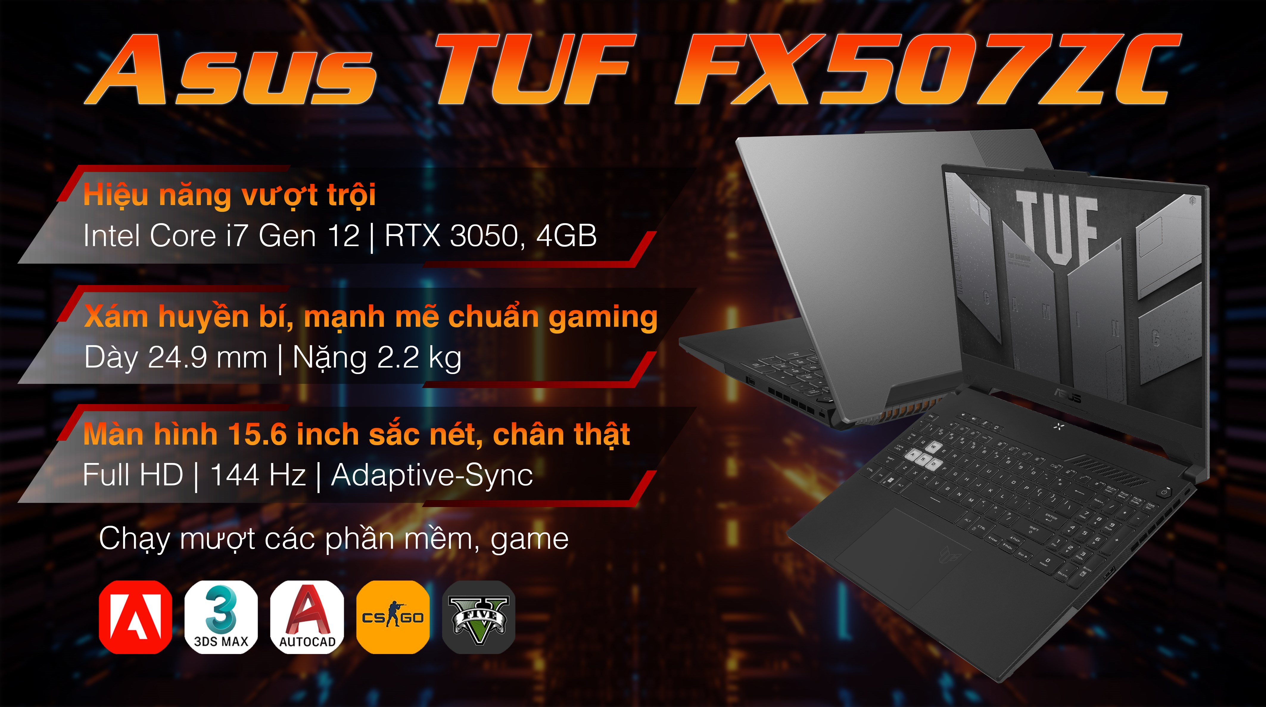 Laptop Asus TUF Gaming F15 FX507ZC i7 12700H/8GB/512GB/4GB RTX3050/144Hz/Win11 (HN124W)