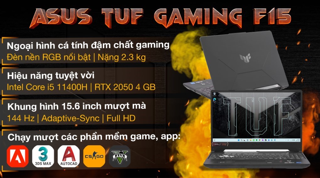 Laptop Asus TUF Gaming F15 FX506HF i5 11400H/8GB/512GB/4GB RTX2050/144Hz/Win11 (HN014W)