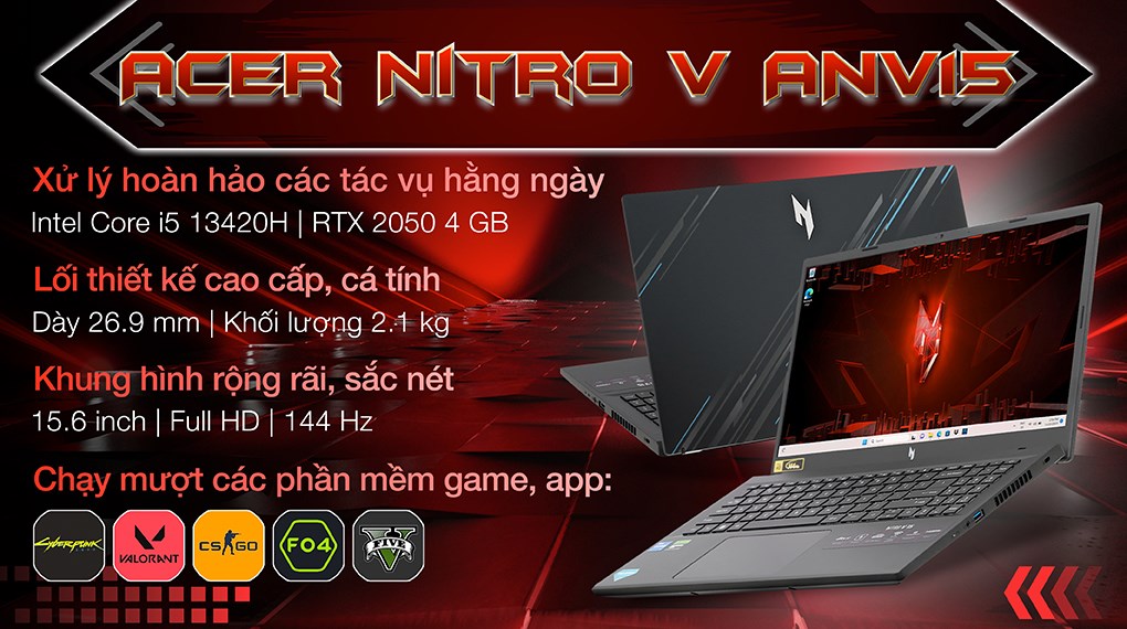 Laptop Acer Gaming Nitro V ANV15 51 53NE i5 13420H/16GB/512GB/4GB RTX2050/144Hz/Win11 (NH.QNASV.002)