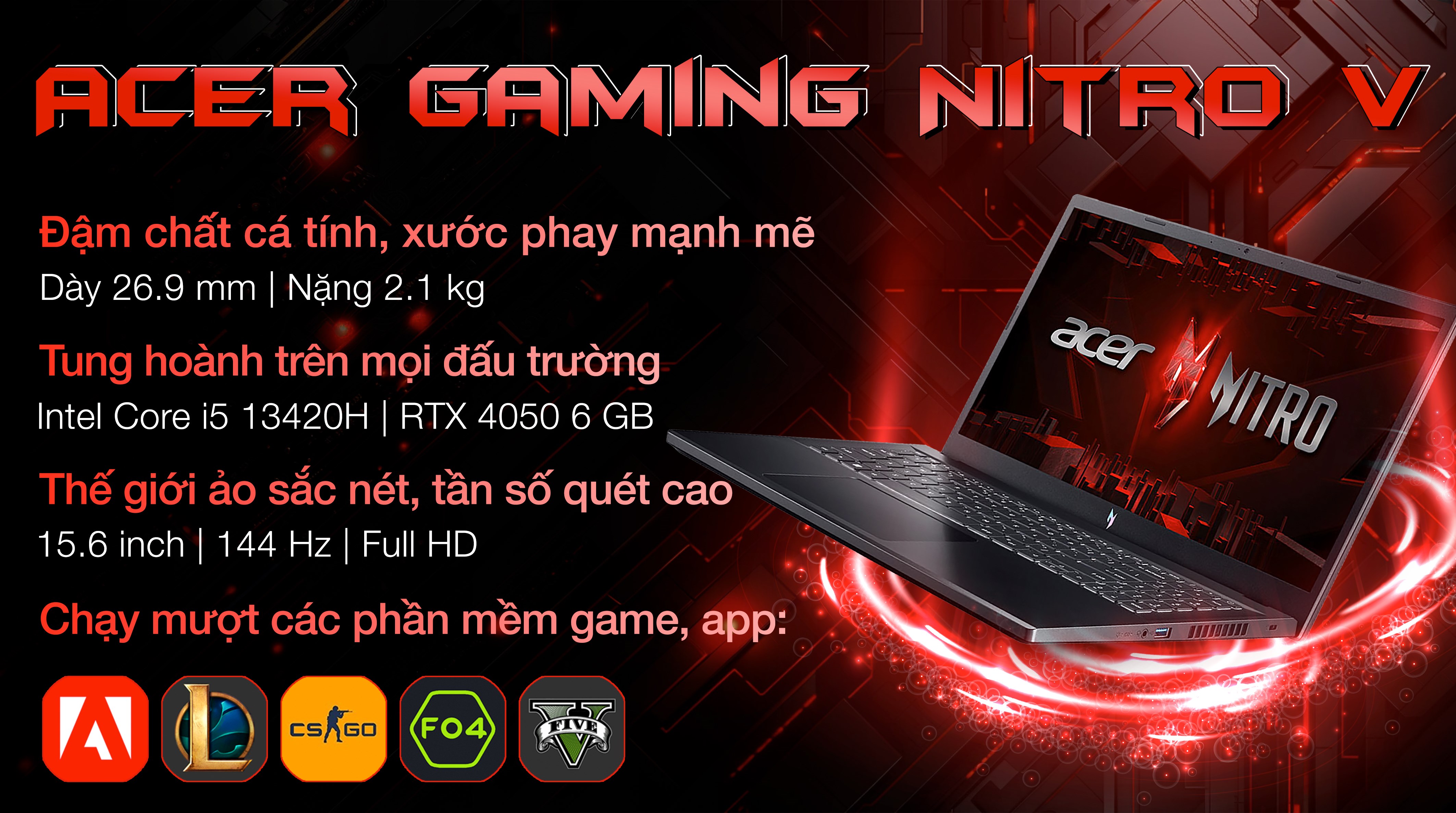 Laptop Acer Gaming Nitro V ANV15 51 57B2 i5 13420H/8GB/512GB/6GB RTX4050/144Hz/Win11 (NH.QN8SV.001)
