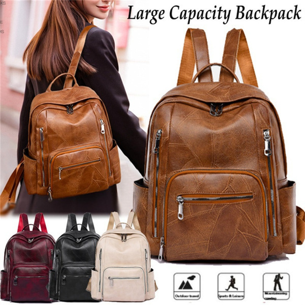 Ladies Vintage Soft Pu Leather Large Capacity Backpack Multi-pocket Student Backpack Travel Rucksack
