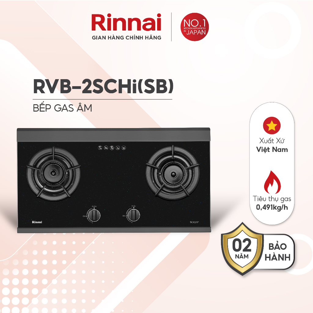 Bếp gas âm đầu đốt trong Rinnai RVB-2SCHi(SB) mặt bếp kính SCHOTT và kiềng bếp gang - Hàng chính hãng