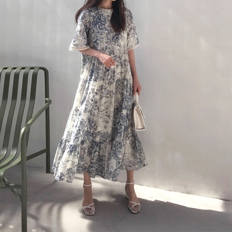 Han Fan show thin high waist ultra-fairy ink printlace embellishment splicing dress long skirt 3 col