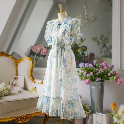 Ladies summer floral chiffon long dress bowknot high waist slim dress short sleeve